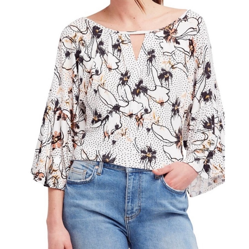 FREE PEOPLE Last Time Draped Bell Sleeve Top Ivory Floral Print NWT Size Medium